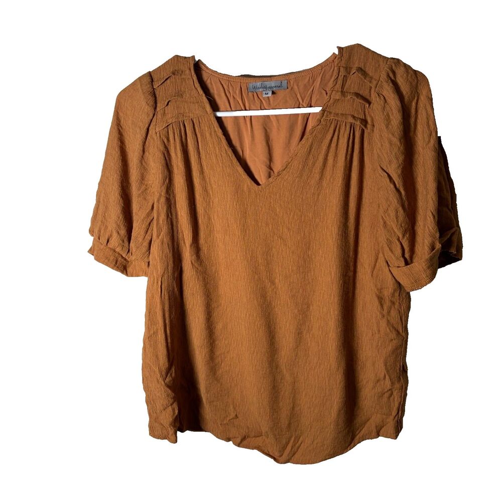 Wishlist Apparel Blouse Women's Medium V-Neck Short Sleeve Brown Textured Top